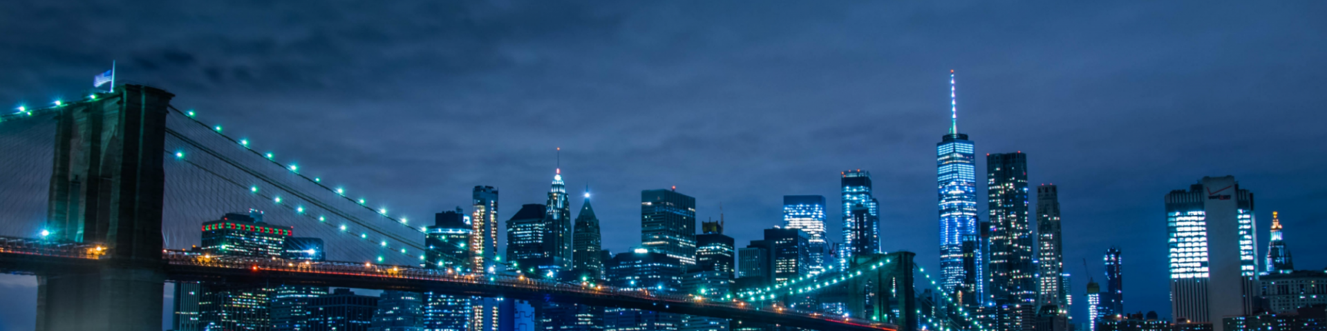 New York City skyline at night.